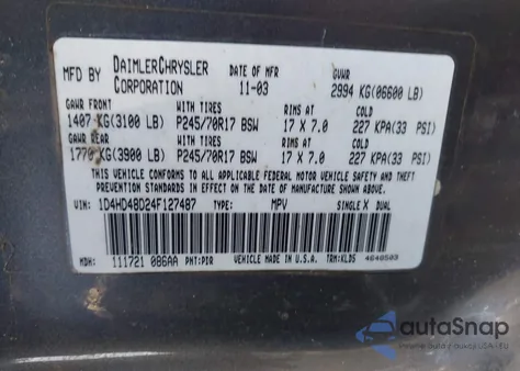 2004 Dodge Durango Slt from USA, damaged, VIN 1D4HD48D24F127487